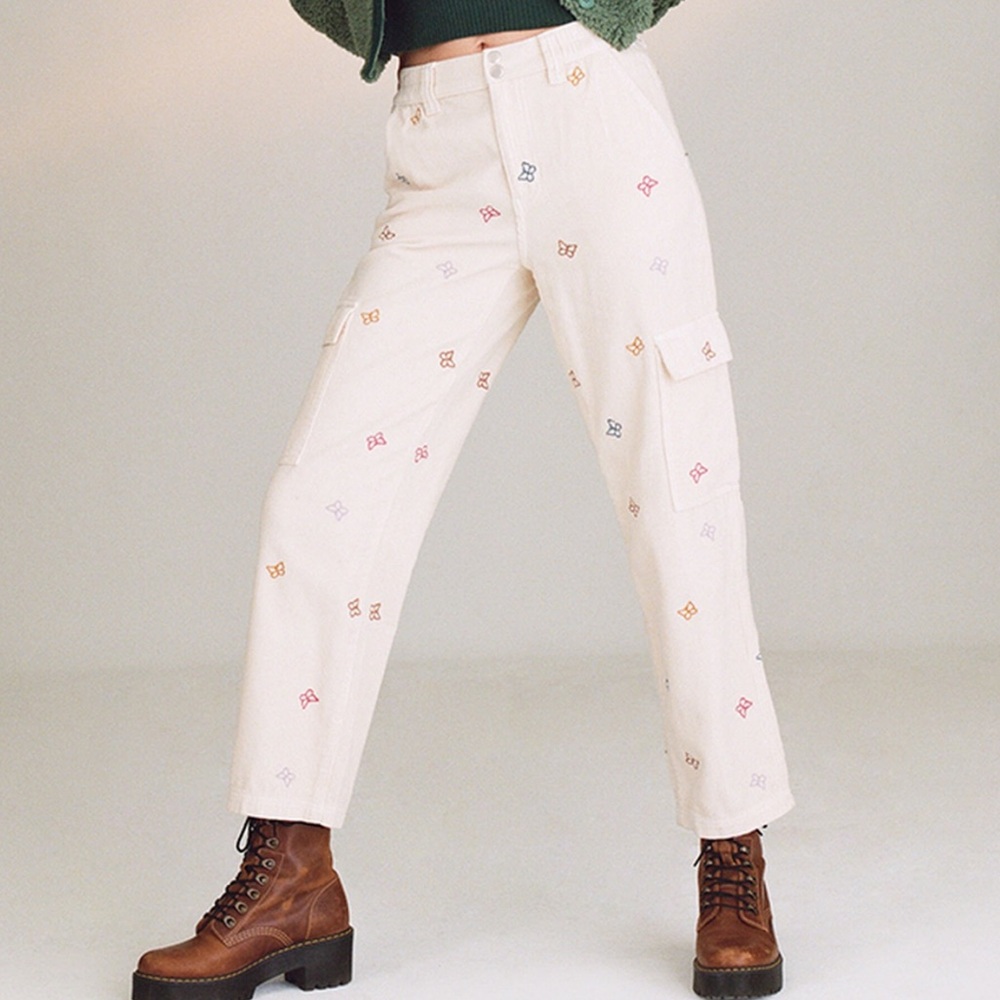 PacSun Butterfly Corduroy Elastic Waist Cream embroidered Cargo Pants